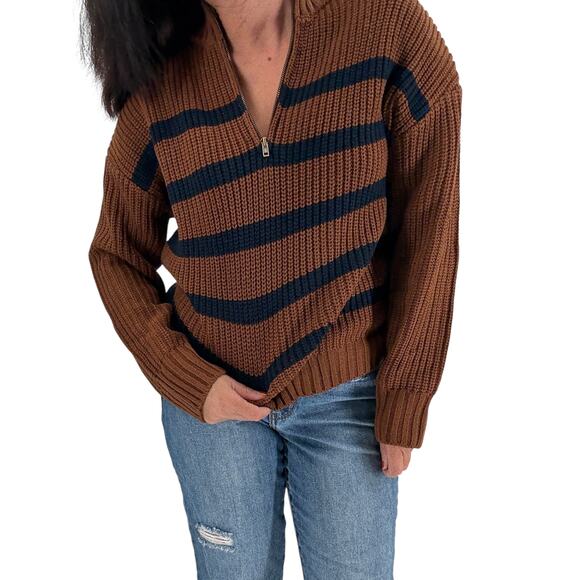 SANCTUARY Sweater Size S Sporty Zip Up Sweater Half Zip NEW Brown Black Stripe - Picture 1 of 7